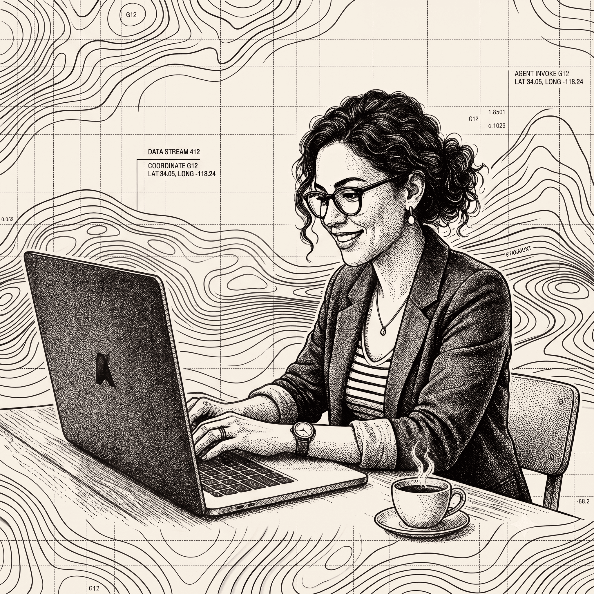 An illustrated operator working at a laptop, surrounded by topographic map lines and data coordinates.